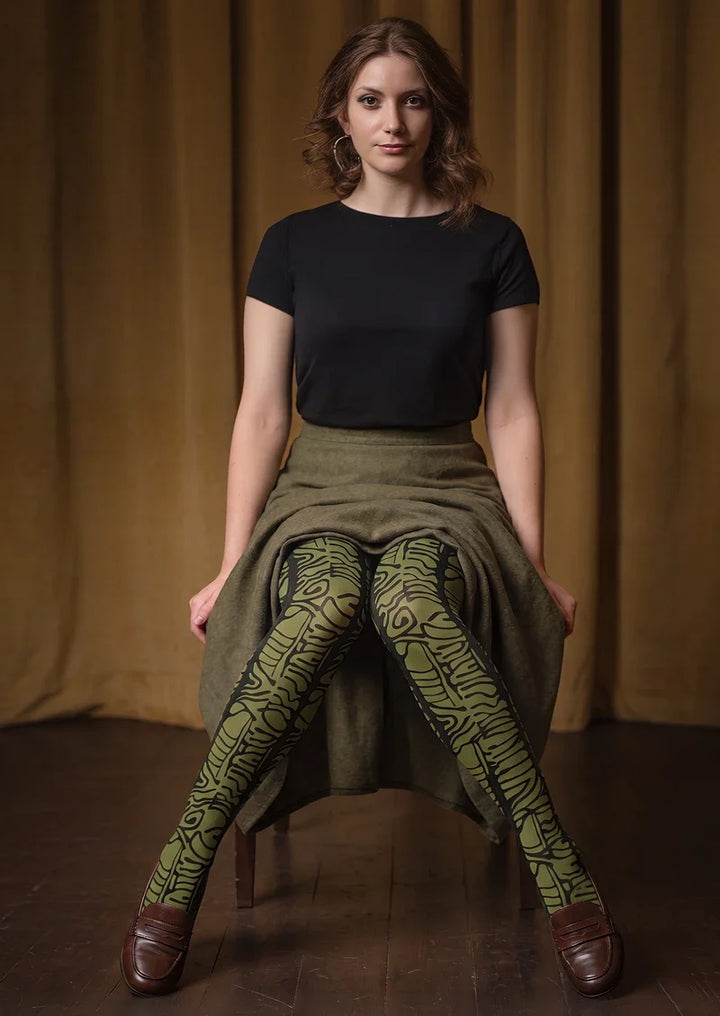 Moss Green Hieroglyphic Line Print Tights Hosiery Pantyhose
