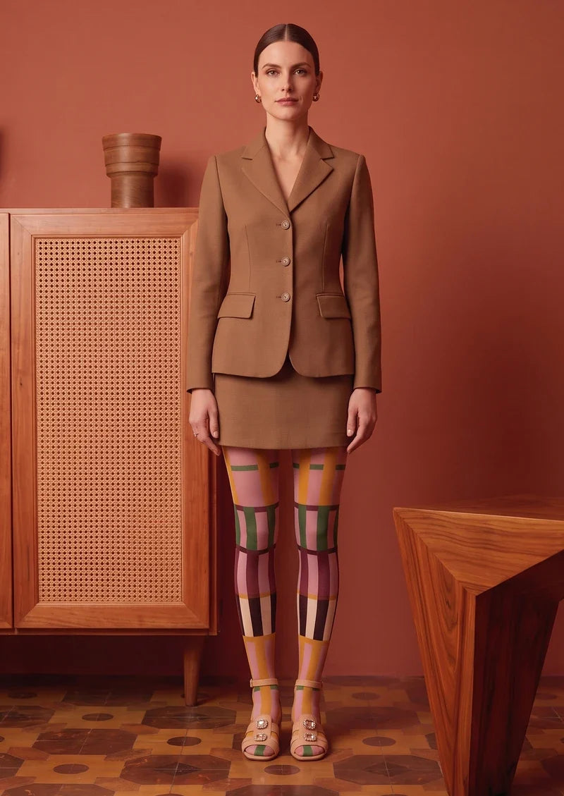 Warm Pink Mid Century Grid Tights Hosiery Pantyhose