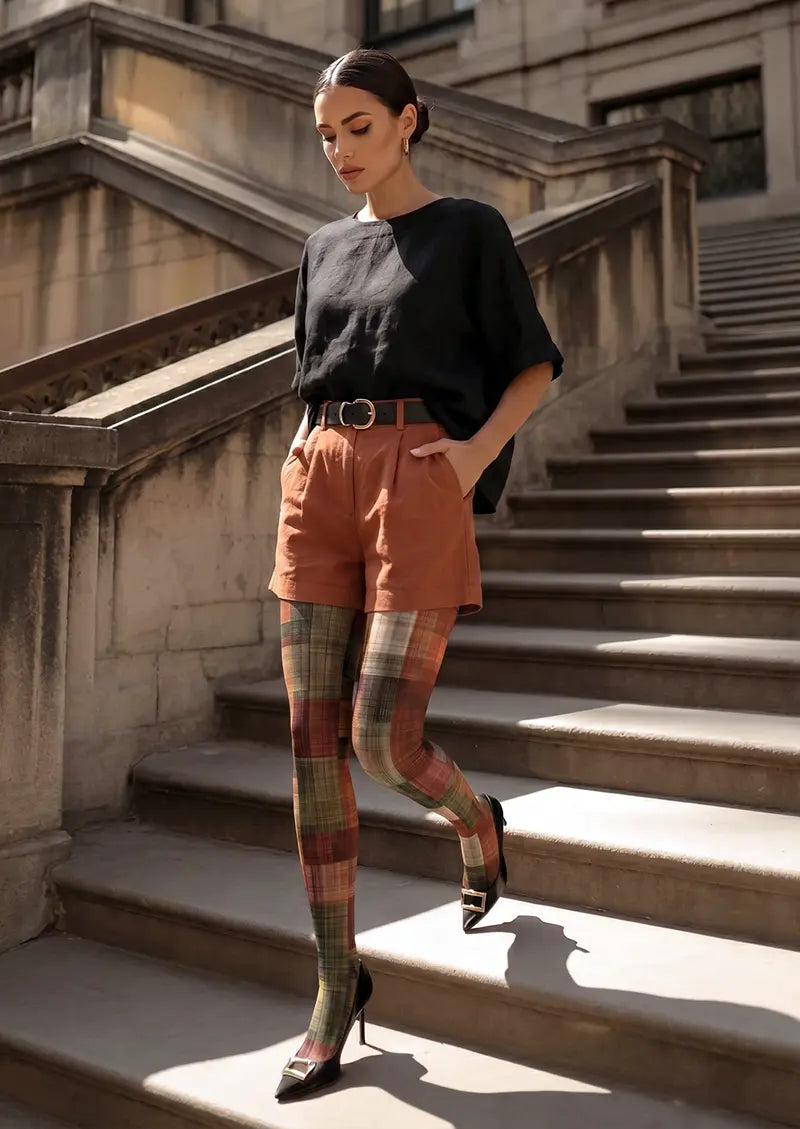 Women Vintage Weave Check Patterned Tights Hosiery Pantyhose