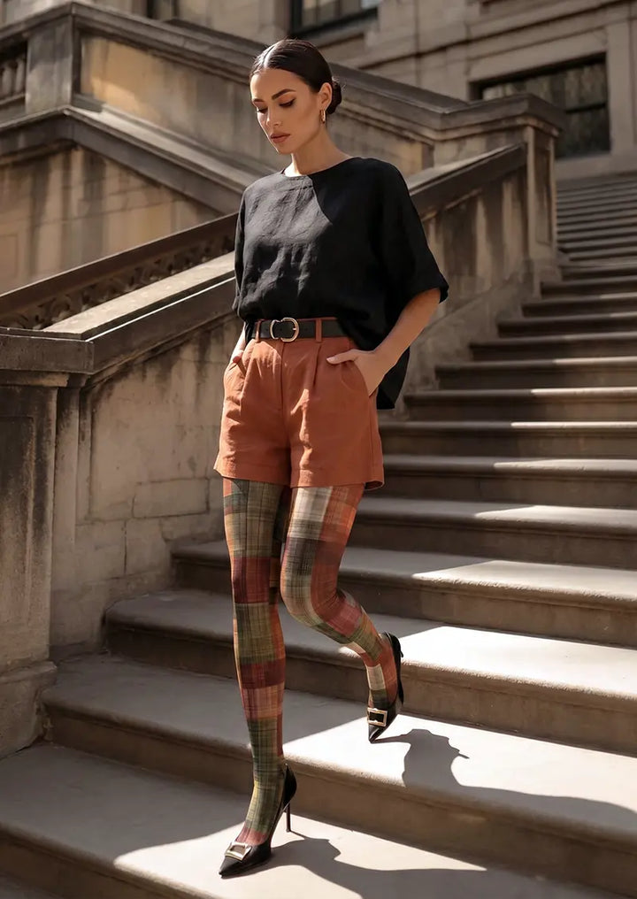 Women Vintage Weave Check Patterned Tights Hosiery Pantyhose