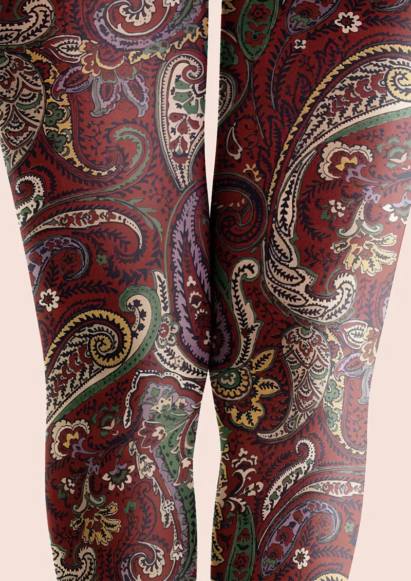 Women Classic Burgundy Paisley Printed Tights Hosiery Pantyhose