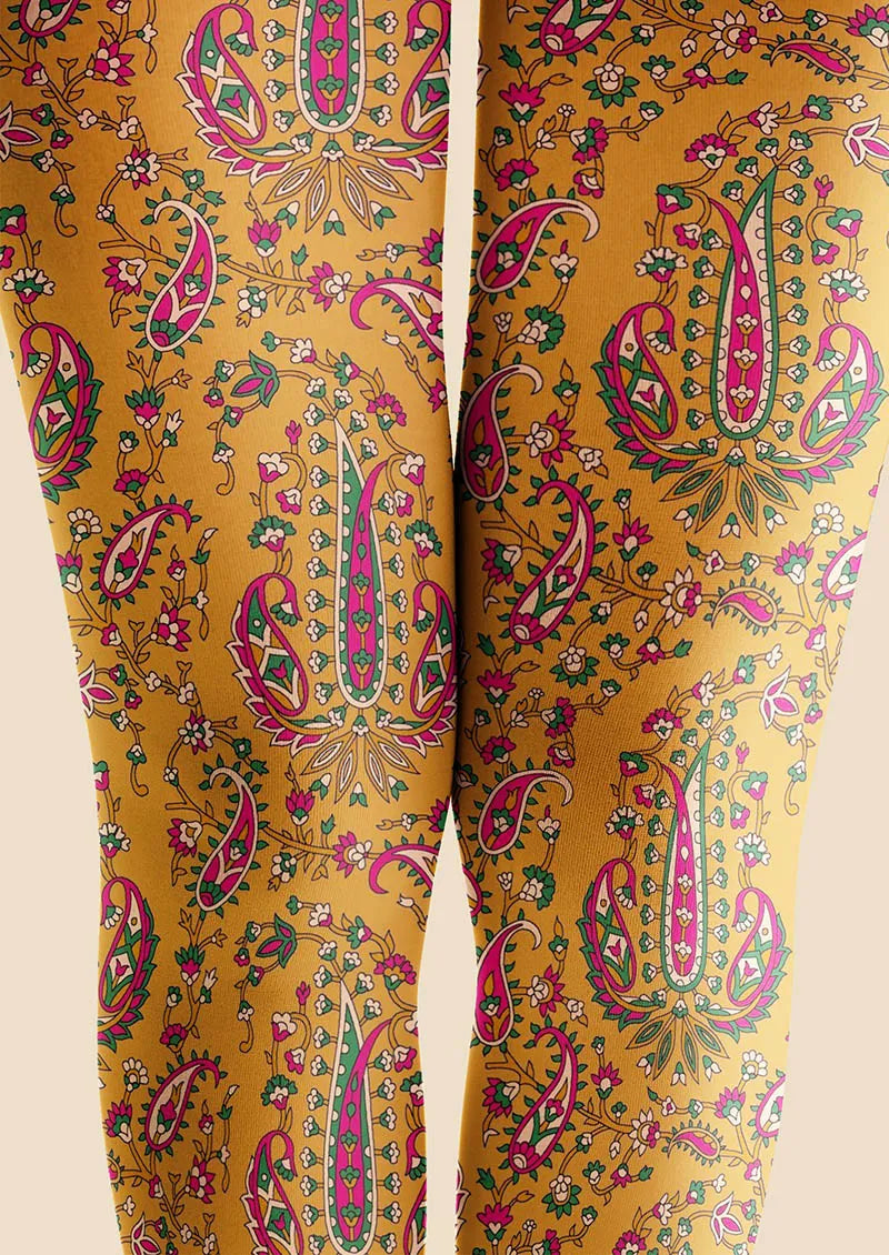 Women Warm Gold Paisley Printed Tights and Hosiery Pantyhose