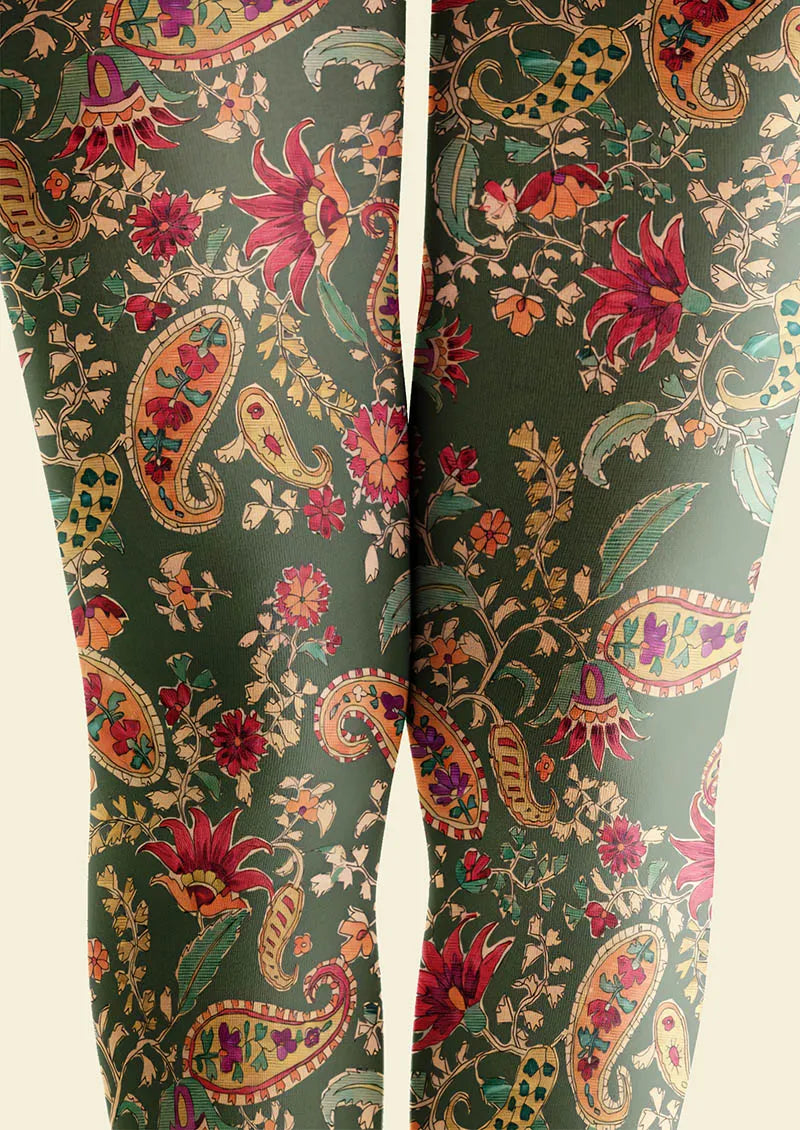 Women Mint Vintage Paisley Printed Tights Hosiery Pantyhose