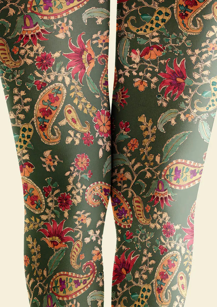 Women Mint Vintage Paisley Printed Tights Hosiery Pantyhose