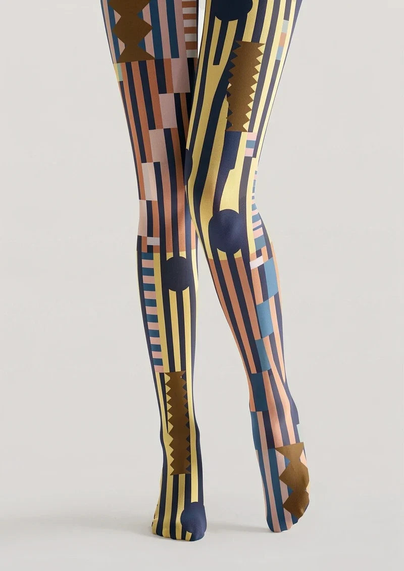 Women Vintage Orange Blue Mosaic Tights Hosiery Pantyhose