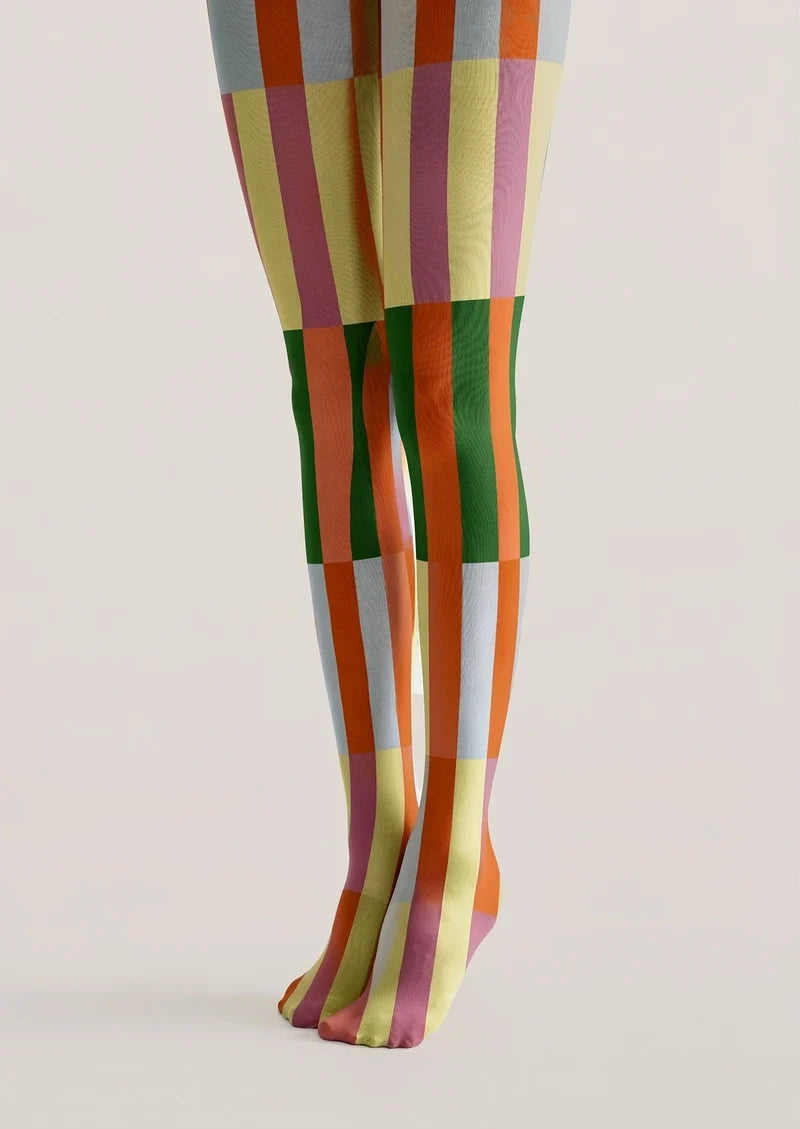 Women Retro Orange Green Shift Blocks Print Tights Pantyhose