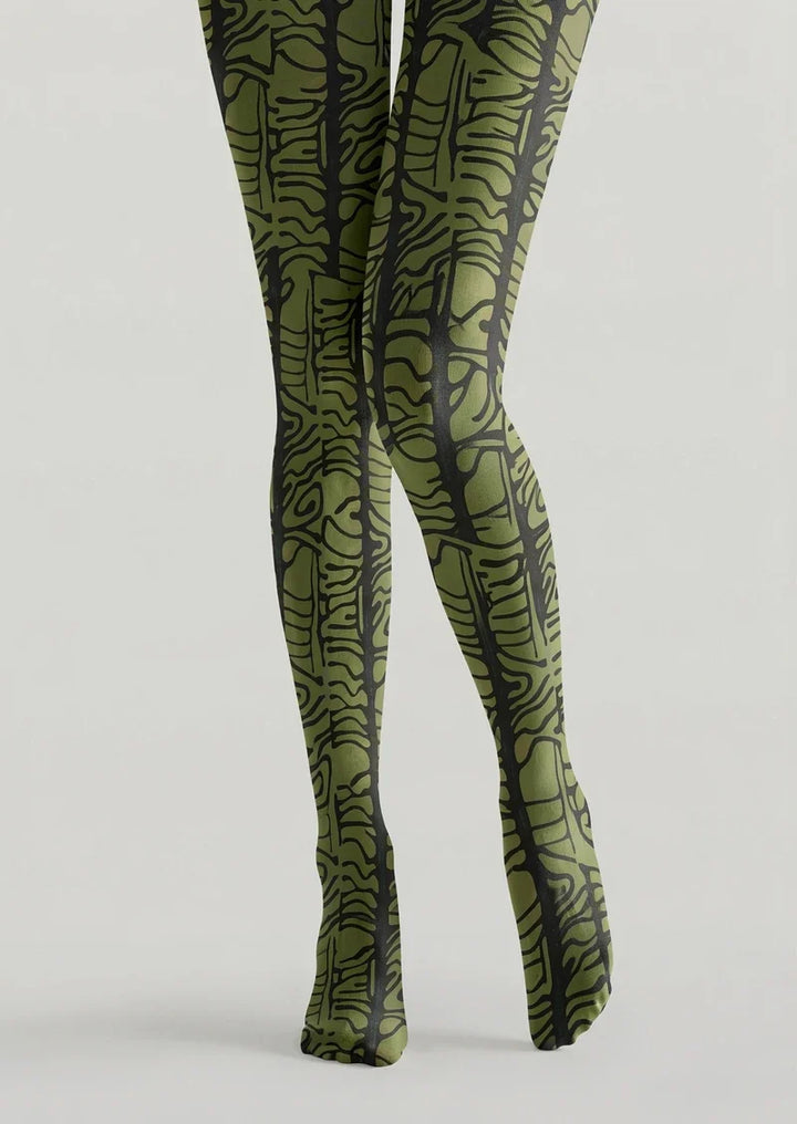 Moss Green Hieroglyphic Line Print Tights Hosiery Pantyhose