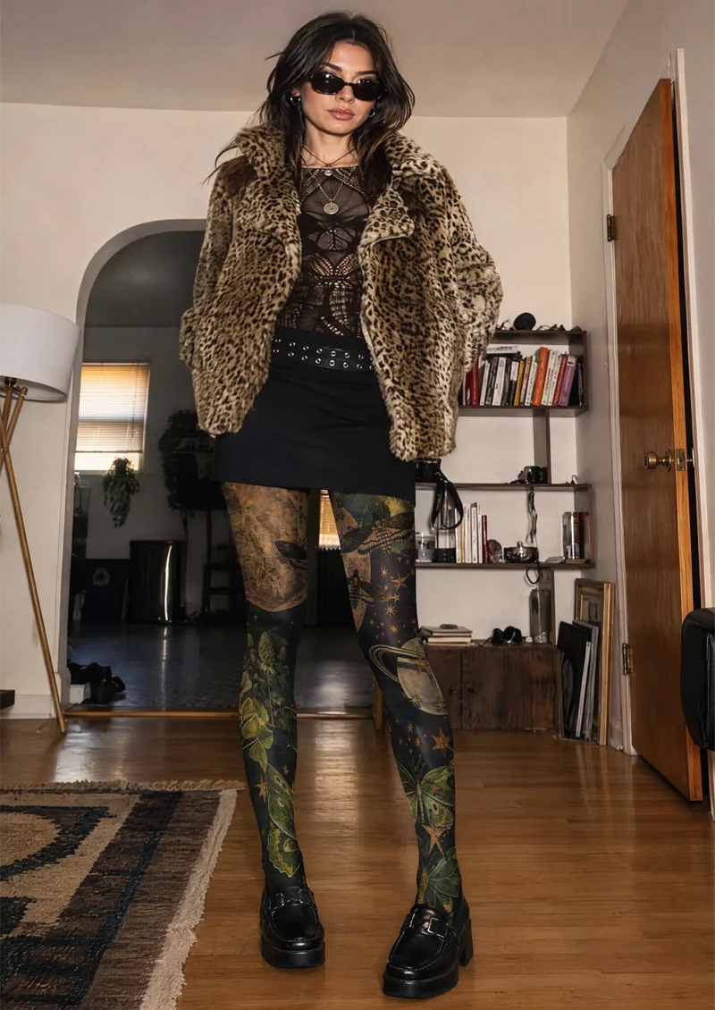 Women Black Celestial Moth Printed Tights Hosiery Pantyhose