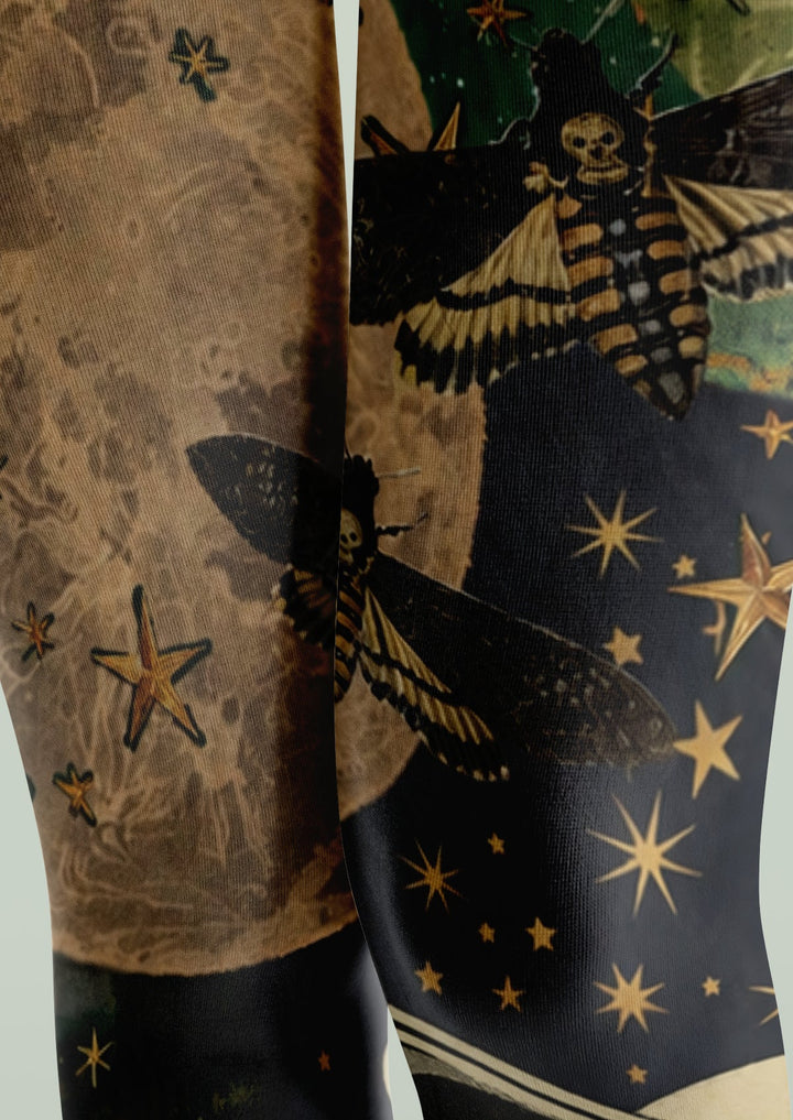 Women Black Celestial Moth Printed Tights Hosiery Pantyhose