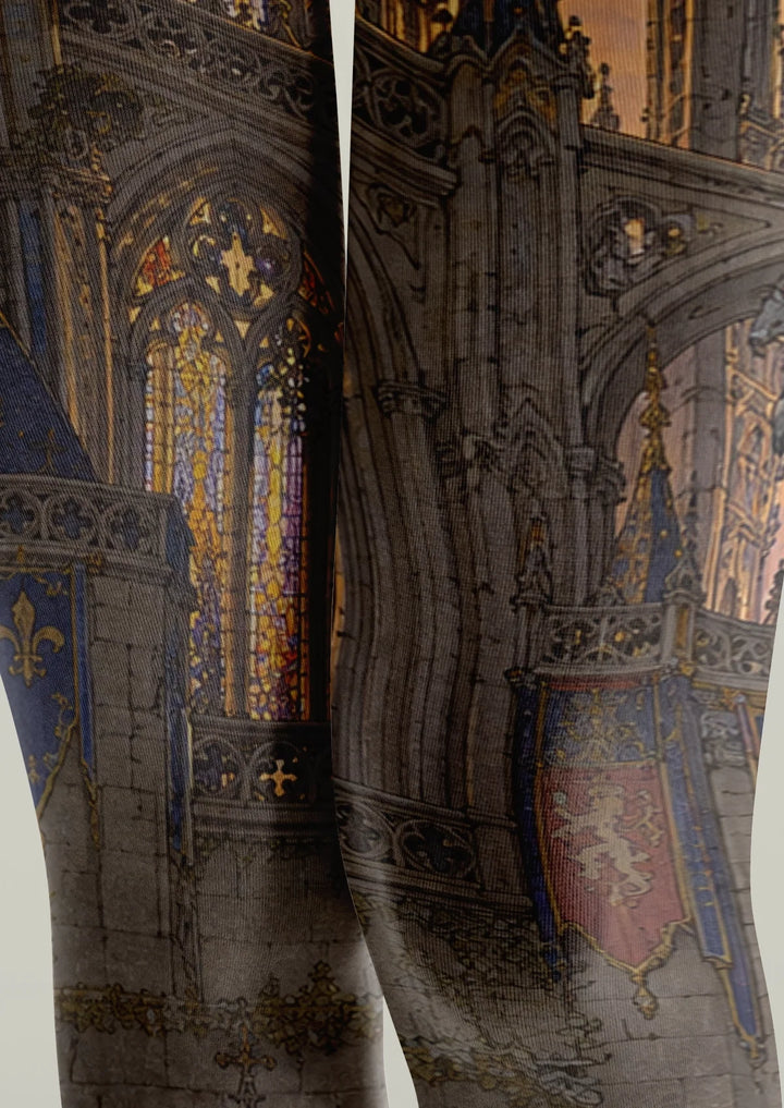 Women Gray Gothic Cathedral Print Tights and Hosiery Pantyhose