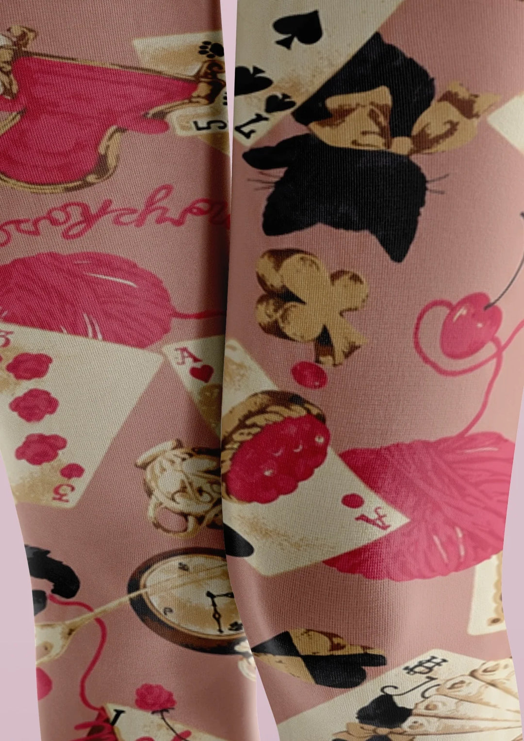 Women Pink Playing Card Collage Print Tights Hosiery Pantyhose