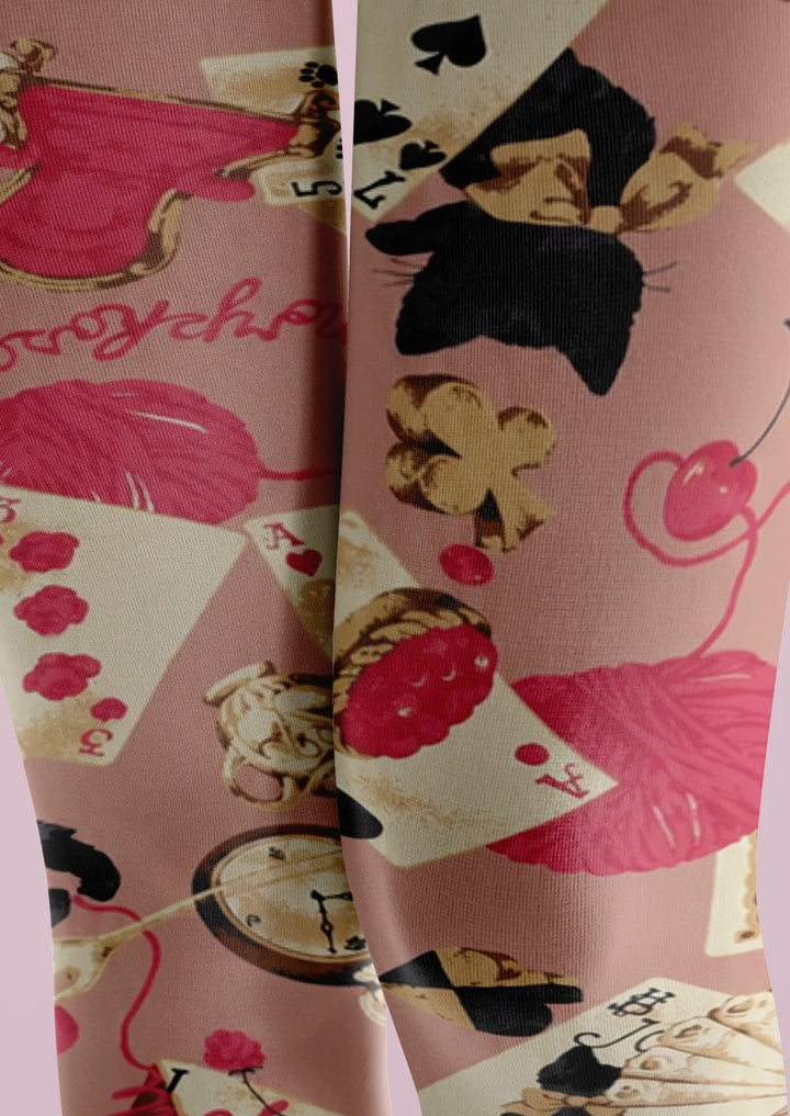 Women Pink Playing Card Collage Print Tights Hosiery Pantyhose