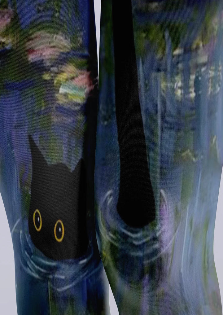 Women Water Lily Cat Graphic Print Tights and Hosiery Pantyhose