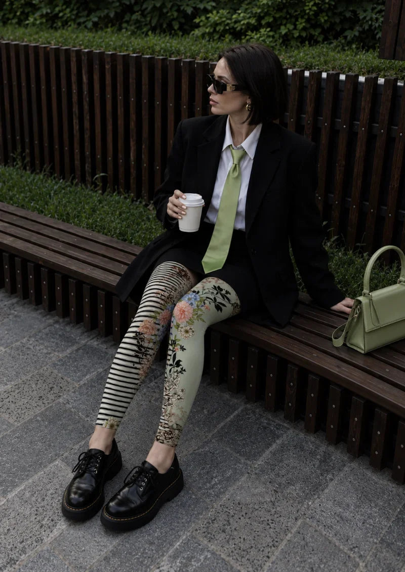 Floral Stripe Print Footless Tights Hosiery Pantyhose