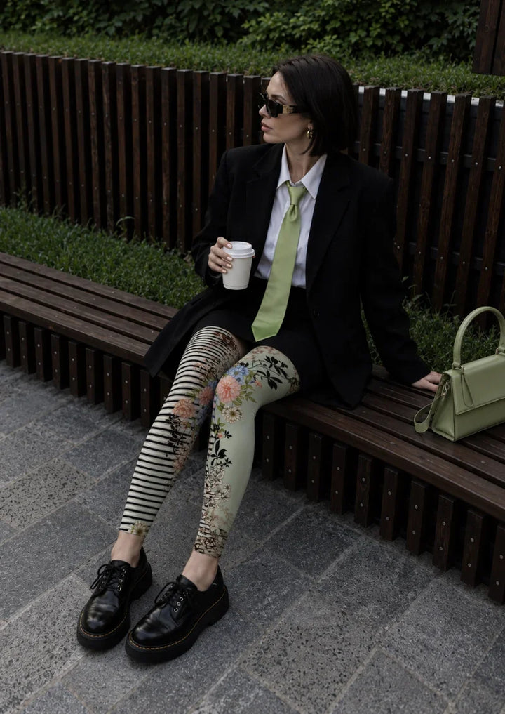Floral Stripe Print Footless Tights Hosiery Pantyhose