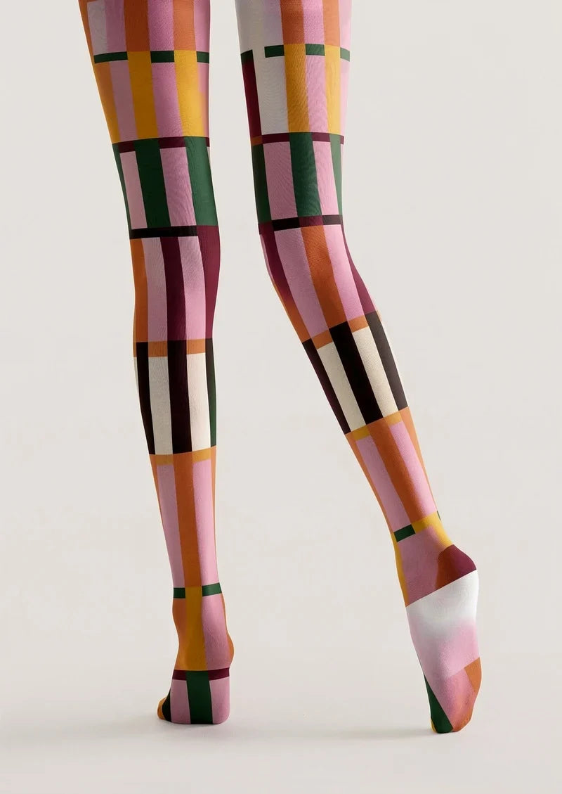 Warm Pink Mid Century Grid Tights Hosiery Pantyhose