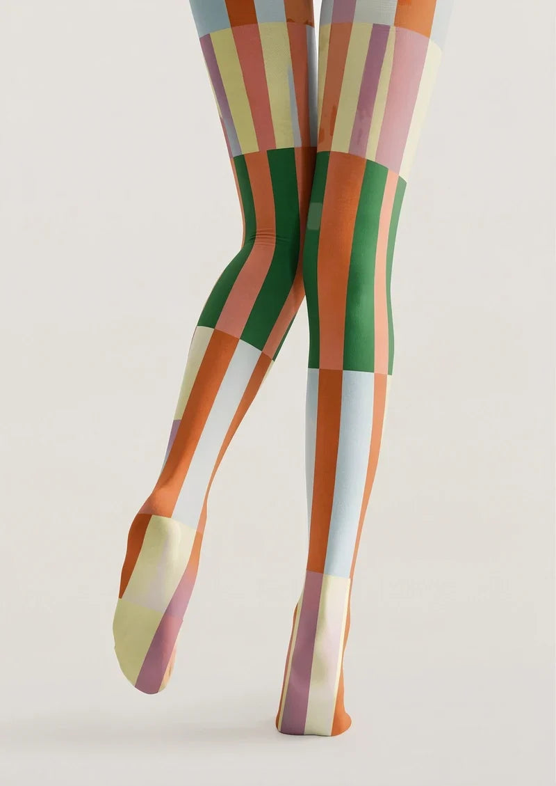Retro Orange Green Shift Blocks Tights Hosiery Pantyhose