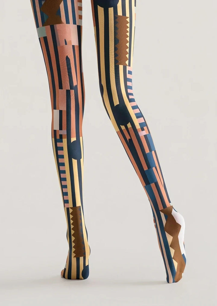 Women Vintage Orange Blue Mosaic Tights Hosiery Pantyhose