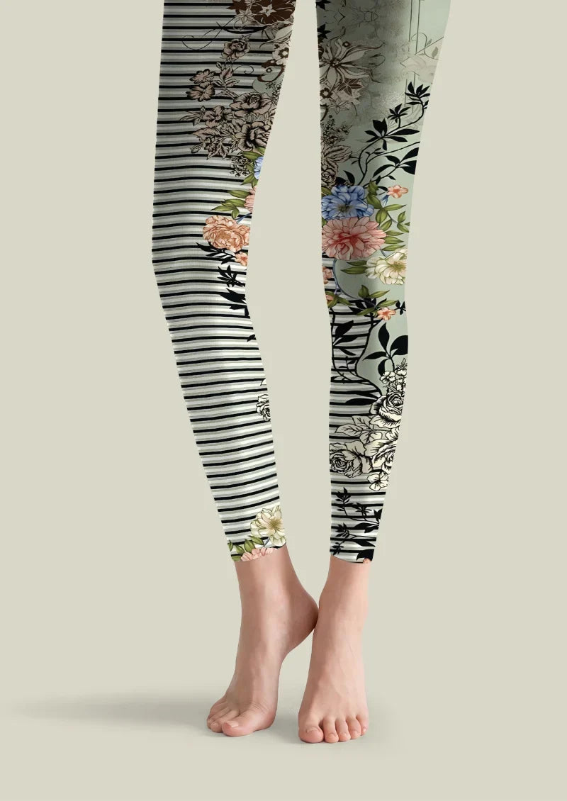 Floral Stripe Print Footless Tights Hosiery Pantyhose