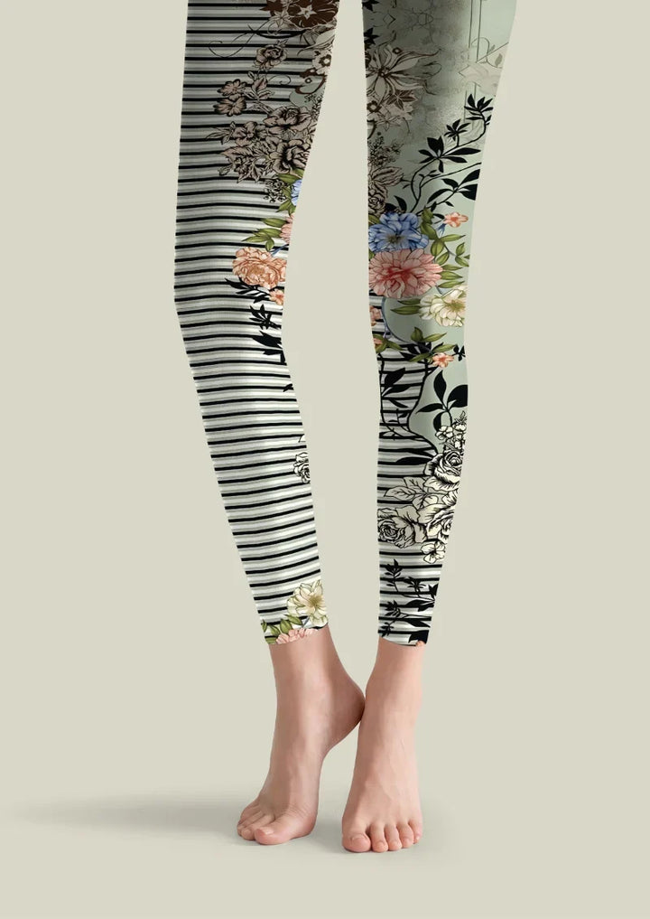 Floral Stripe Print Footless Tights Hosiery Pantyhose