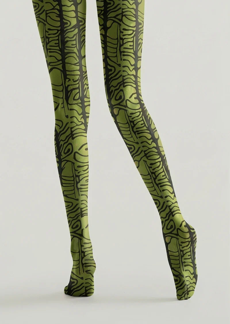 Moss Green Hieroglyphic Line Print Tights Hosiery Pantyhose
