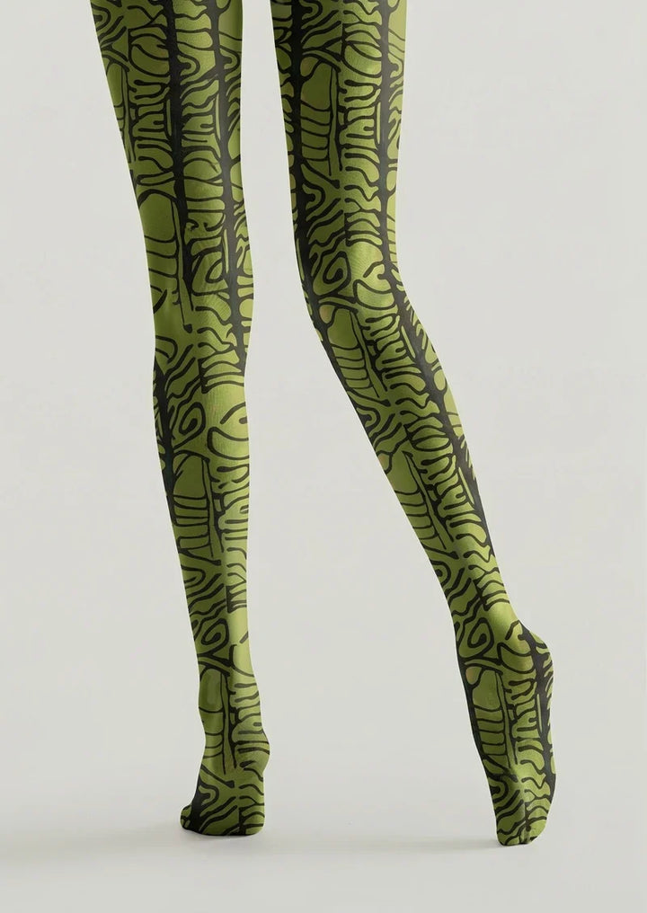 Moss Green Hieroglyphic Line Print Tights Hosiery Pantyhose