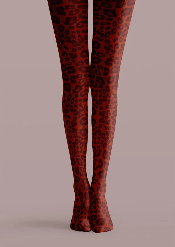 Women Crimson Red Leopard Animal Print Sexy Tights Pantyhose