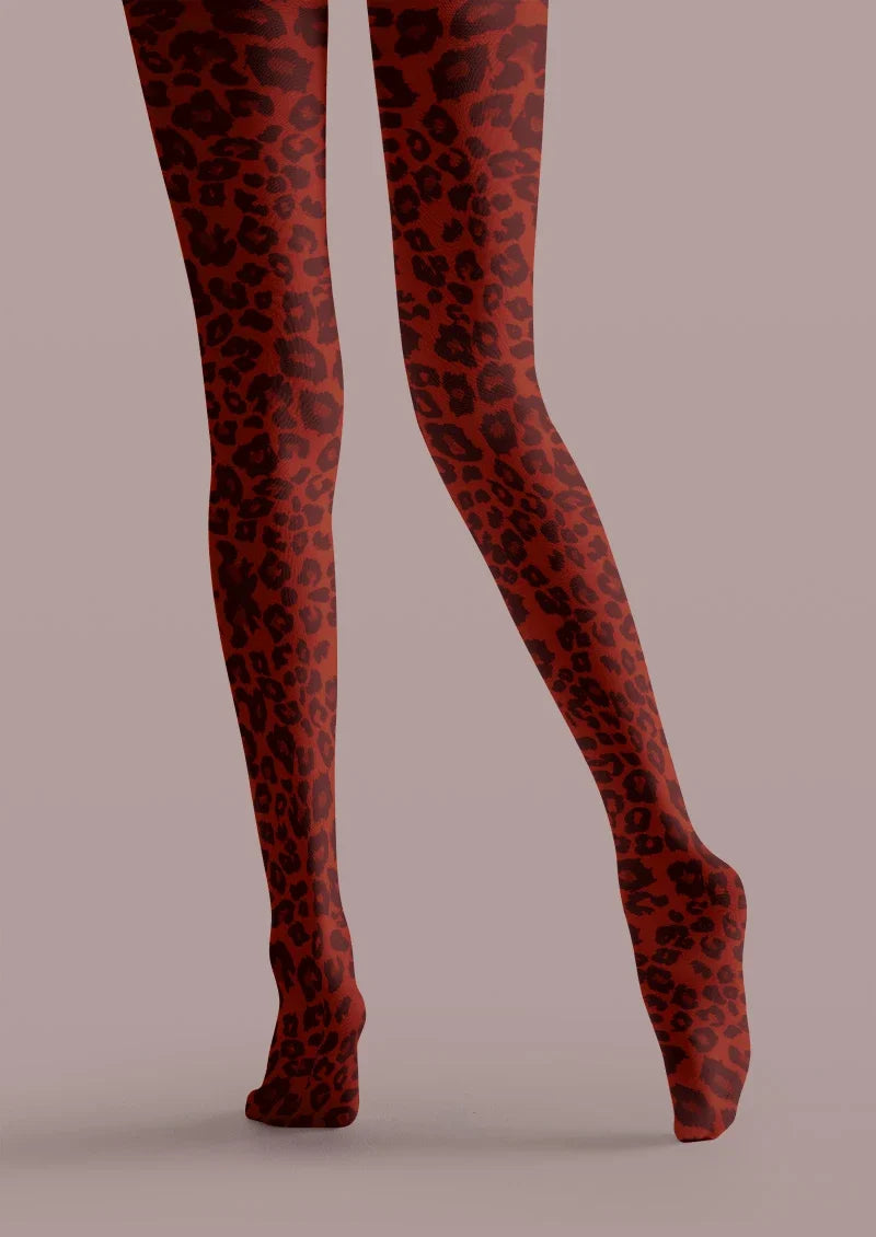 Women Crimson Red Leopard Animal Print Sexy Tights Pantyhose