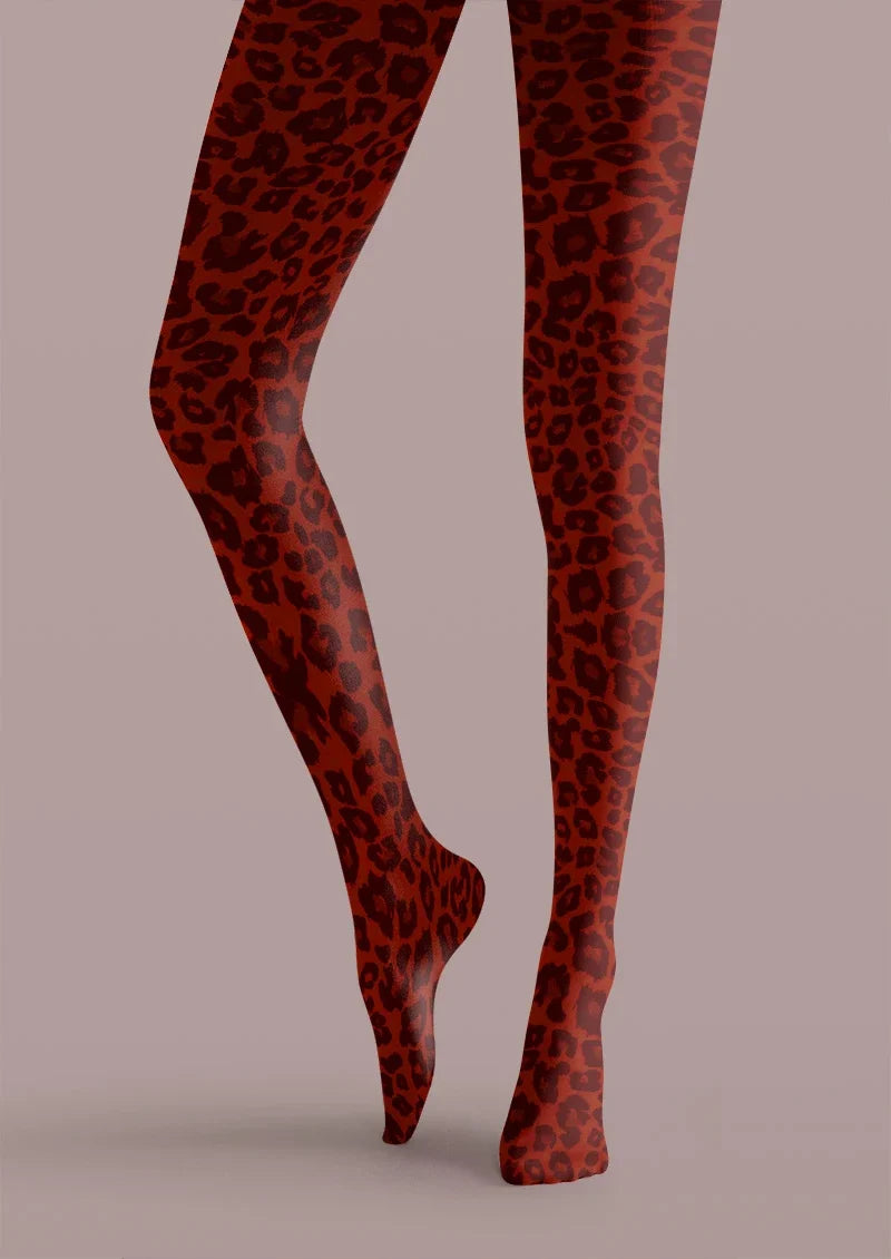 Women Crimson Red Leopard Animal Print Sexy Tights Pantyhose