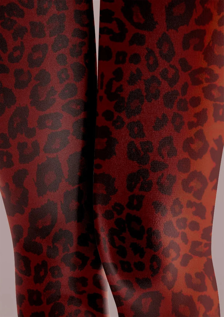 Women Crimson Red Leopard Animal Print Sexy Tights Pantyhose