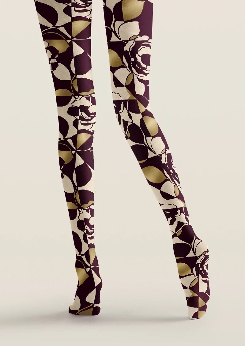 Women Burgundy Rose Mosaic Printed Tights Hosiery Pantyhose