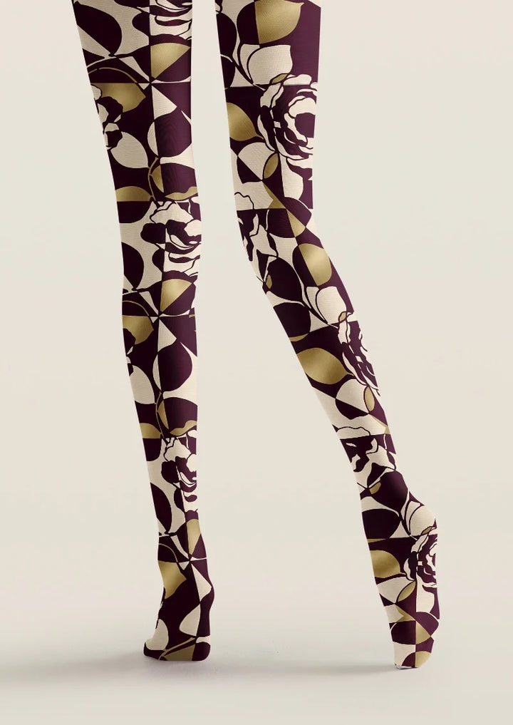 Women Burgundy Rose Mosaic Printed Tights Hosiery Pantyhose
