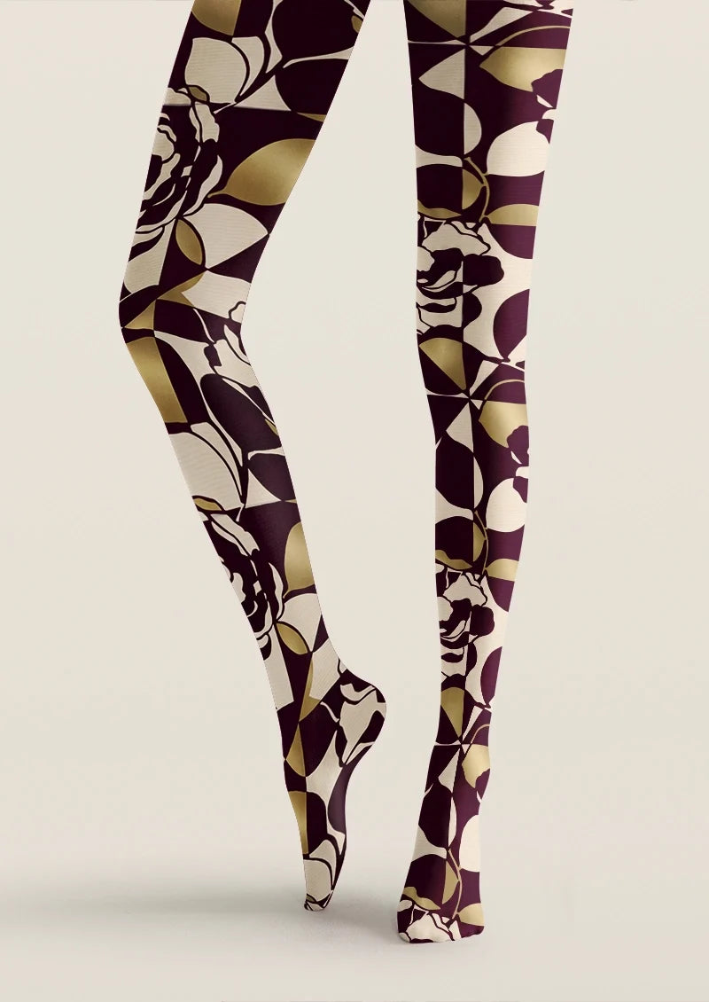 Women Burgundy Rose Mosaic Printed Tights Hosiery Pantyhose