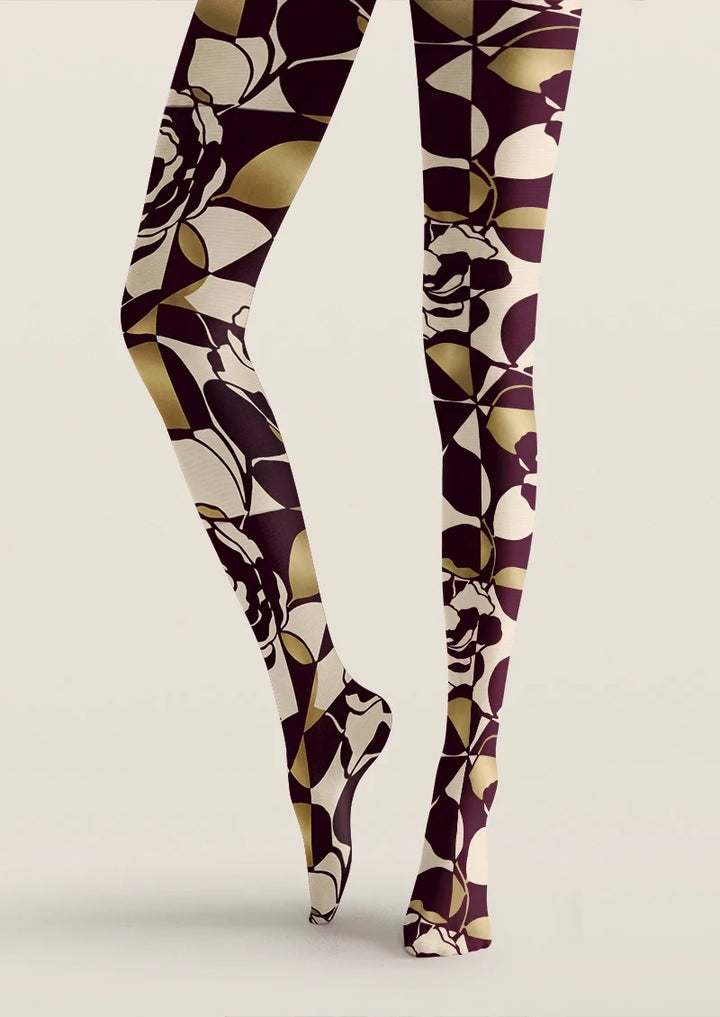 Women Burgundy Rose Mosaic Printed Tights Hosiery Pantyhose