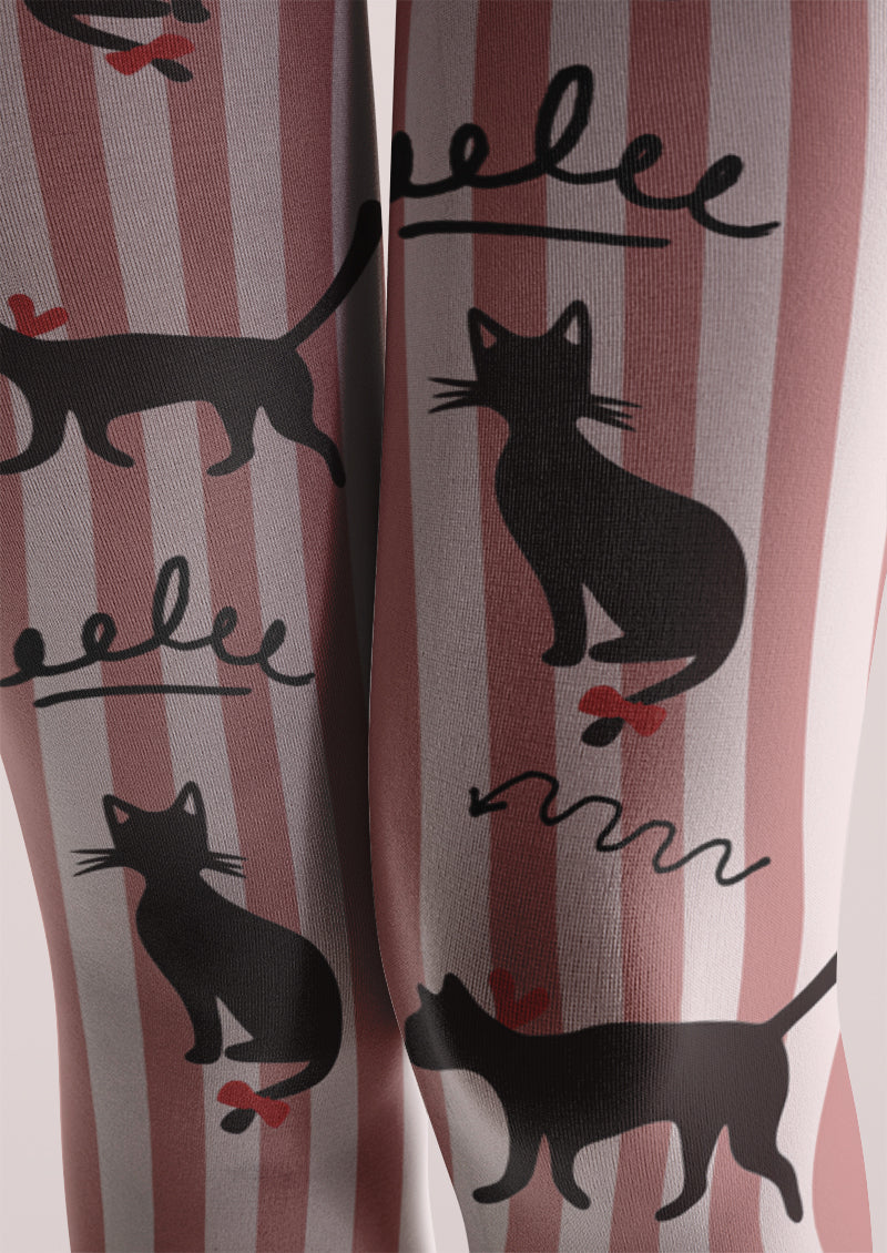 Pink White Stripe Black Cat Tights Hosiery Pantyhose