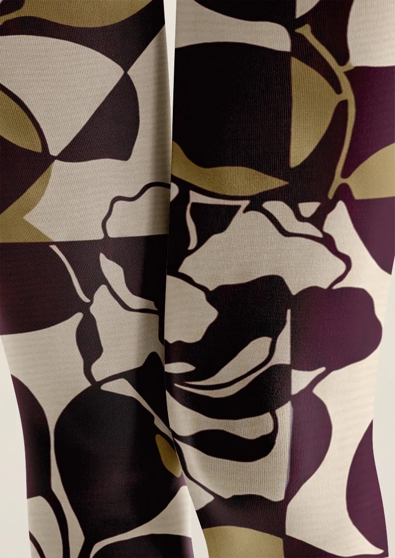 Women Burgundy Rose Mosaic Printed Tights Hosiery Pantyhose