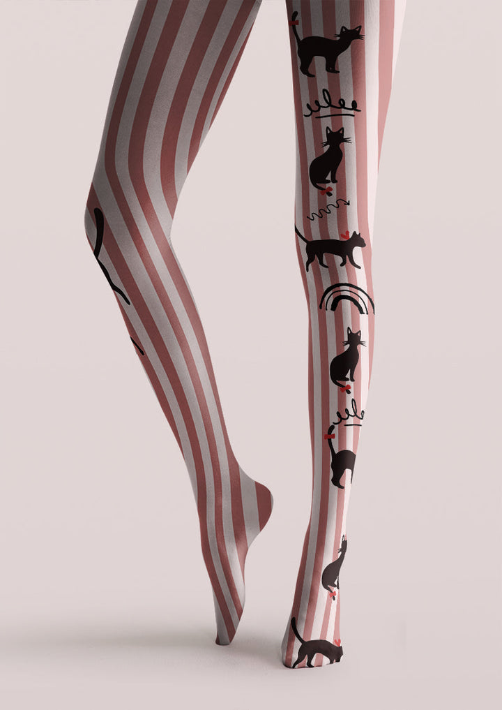 Pink White Stripe Black Cat Tights Hosiery Pantyhose