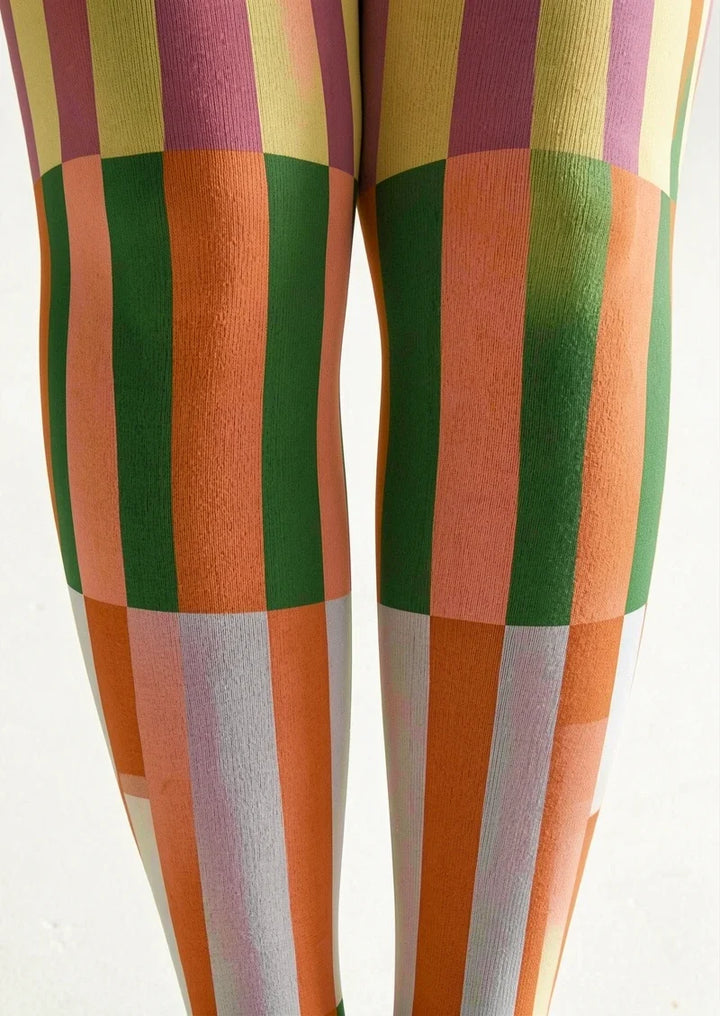 Women Retro Orange Green Shift Blocks Print Tights Pantyhose