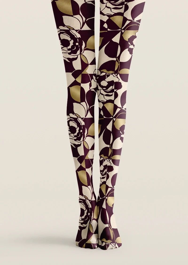 Women Burgundy Rose Mosaic Printed Tights Hosiery Pantyhose