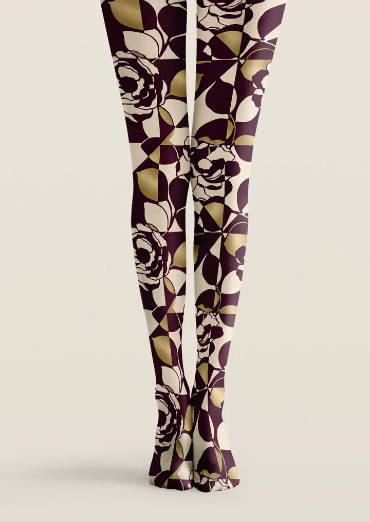 Women Burgundy Rose Mosaic Printed Tights Hosiery Pantyhose