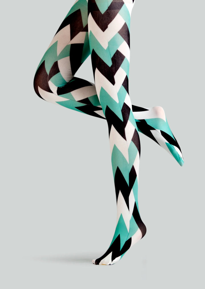 Women Tri-Hue Zigzag Chevron Pattern Print Tights Pantyhose