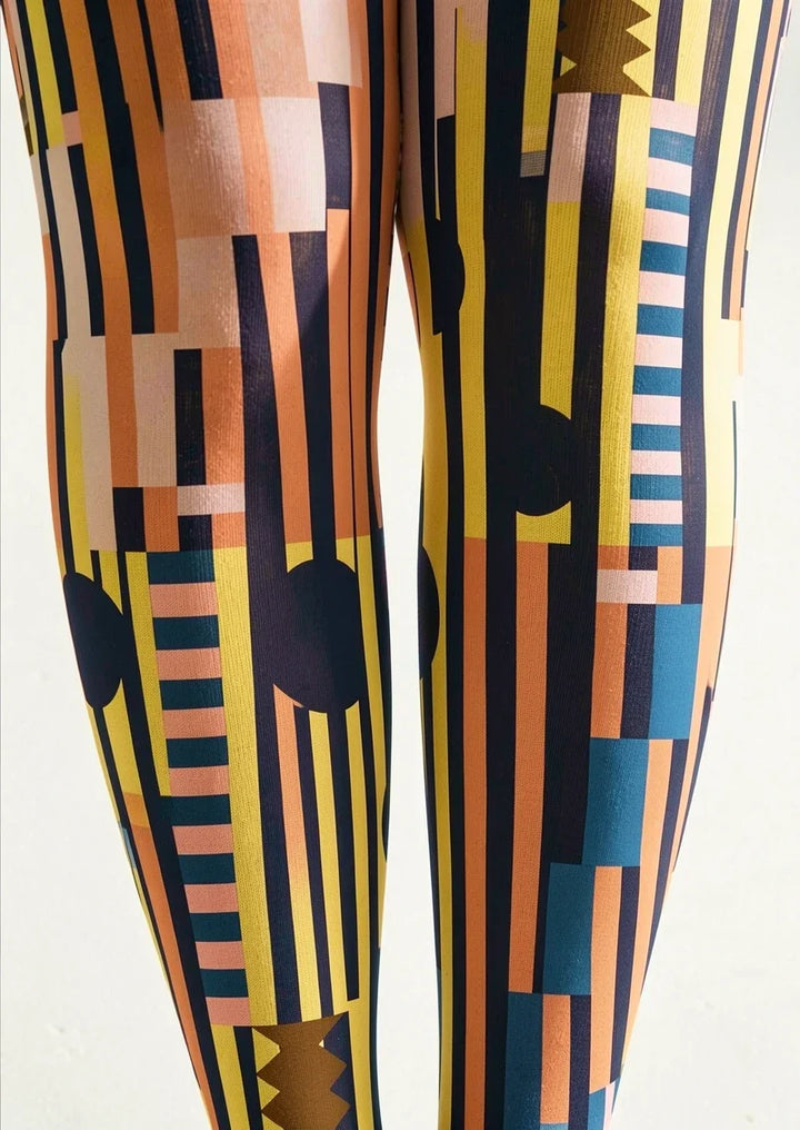Women Vintage Orange Blue Mosaic Tights Hosiery Pantyhose