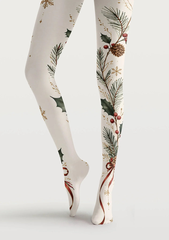 Women Christmas Botanical Garland Tights Hosiery Pantyhose