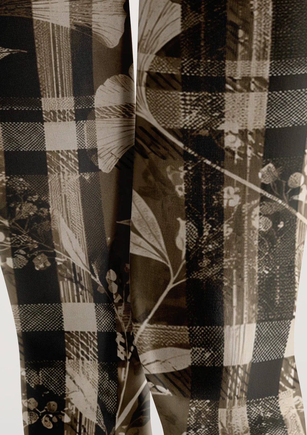 Women Brown Plaid And Leaves Print Tights Hosiery Pantyhose