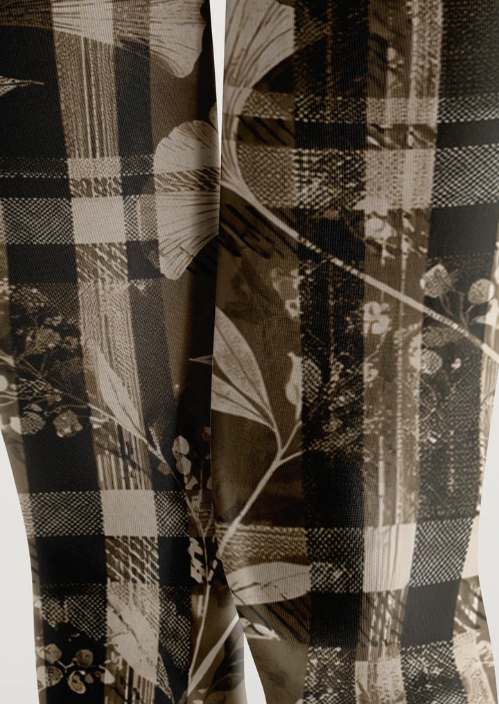 Women Brown Plaid And Leaves Print Tights Hosiery Pantyhose