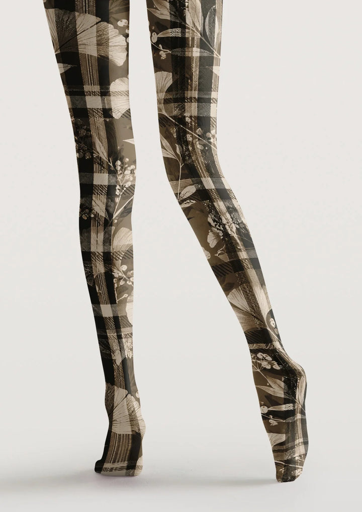 Women Brown Plaid And Leaves Print Tights Hosiery Pantyhose