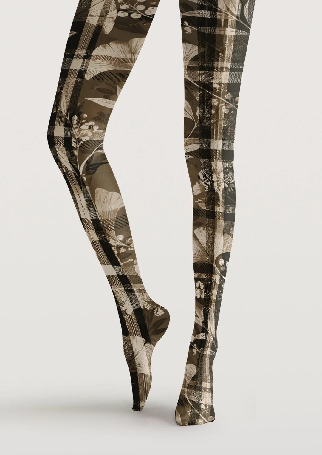Women Brown Plaid And Leaves Print Tights Hosiery Pantyhose