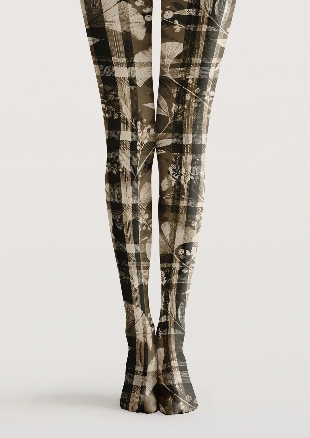 Women Brown Plaid And Leaves Print Tights Hosiery Pantyhose