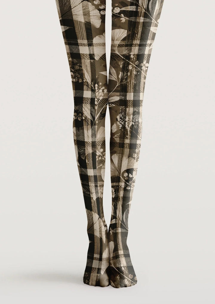 Women Brown Plaid And Leaves Print Tights Hosiery Pantyhose