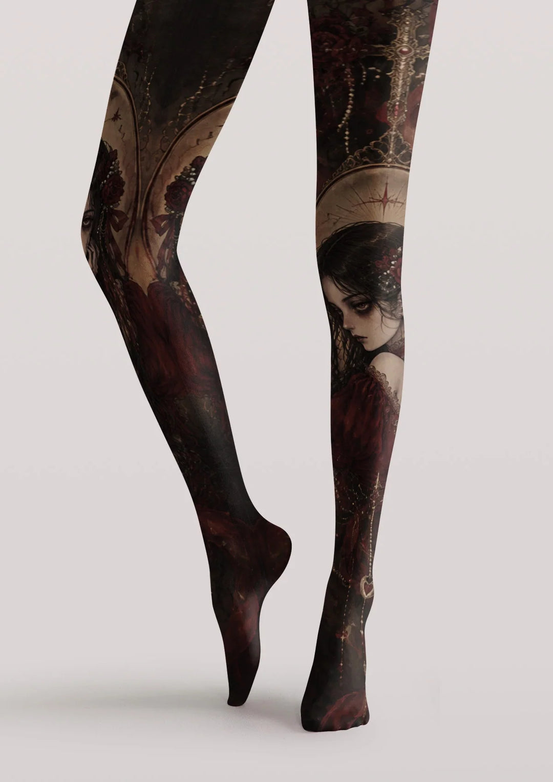 Women Red Rose Maiden Pattern Print Tights Hosiery Pantyhose
